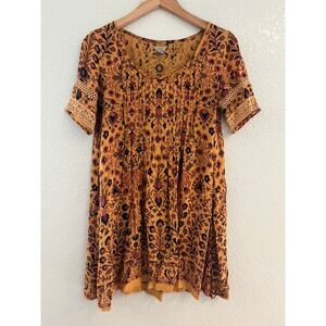 Ecote‎ Mustard Yellow Floral Pintuck Boho Mini Dress Crochet Lace Trim Small